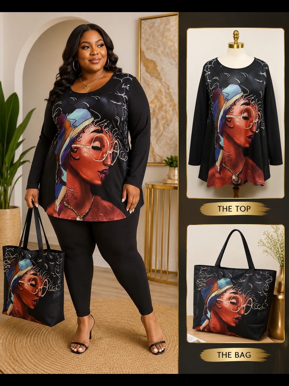 Plus Size Black Graphic Long Sleeve Top with Artistic Portrait